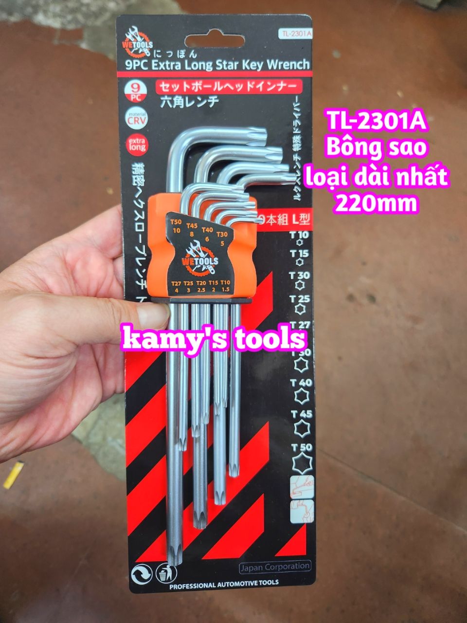 Bộ lục giác bông sao hoa thị Wetools 9 chi tiết T10-T50 TL-2301A loại dài nhất 220mm