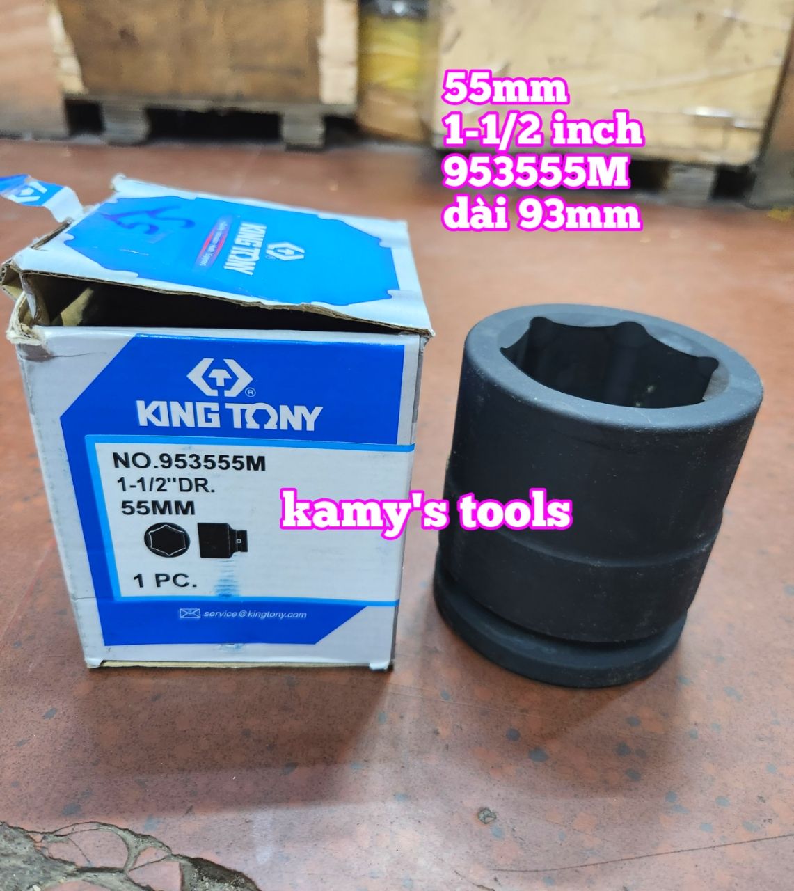 Đầu tuýp khẩu 55mm lỗ 1-1/2 inch 38mm đen dài 93mm Kingtony 953555M lục giác 6 cạnh
