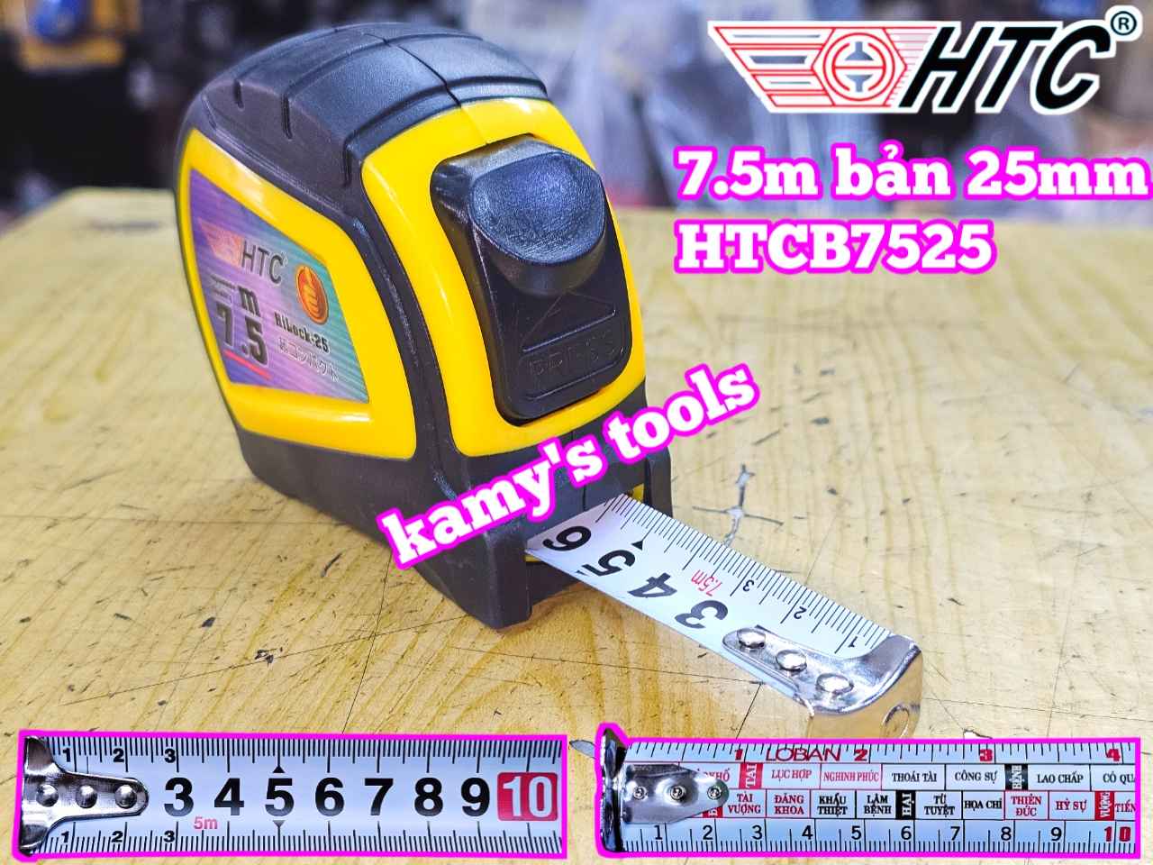 Thước cuộn thước rút thước kéo 7.5m 7.5 mét bản 25mm HTC HiLock-25 model HTCB7525 tự động khóa