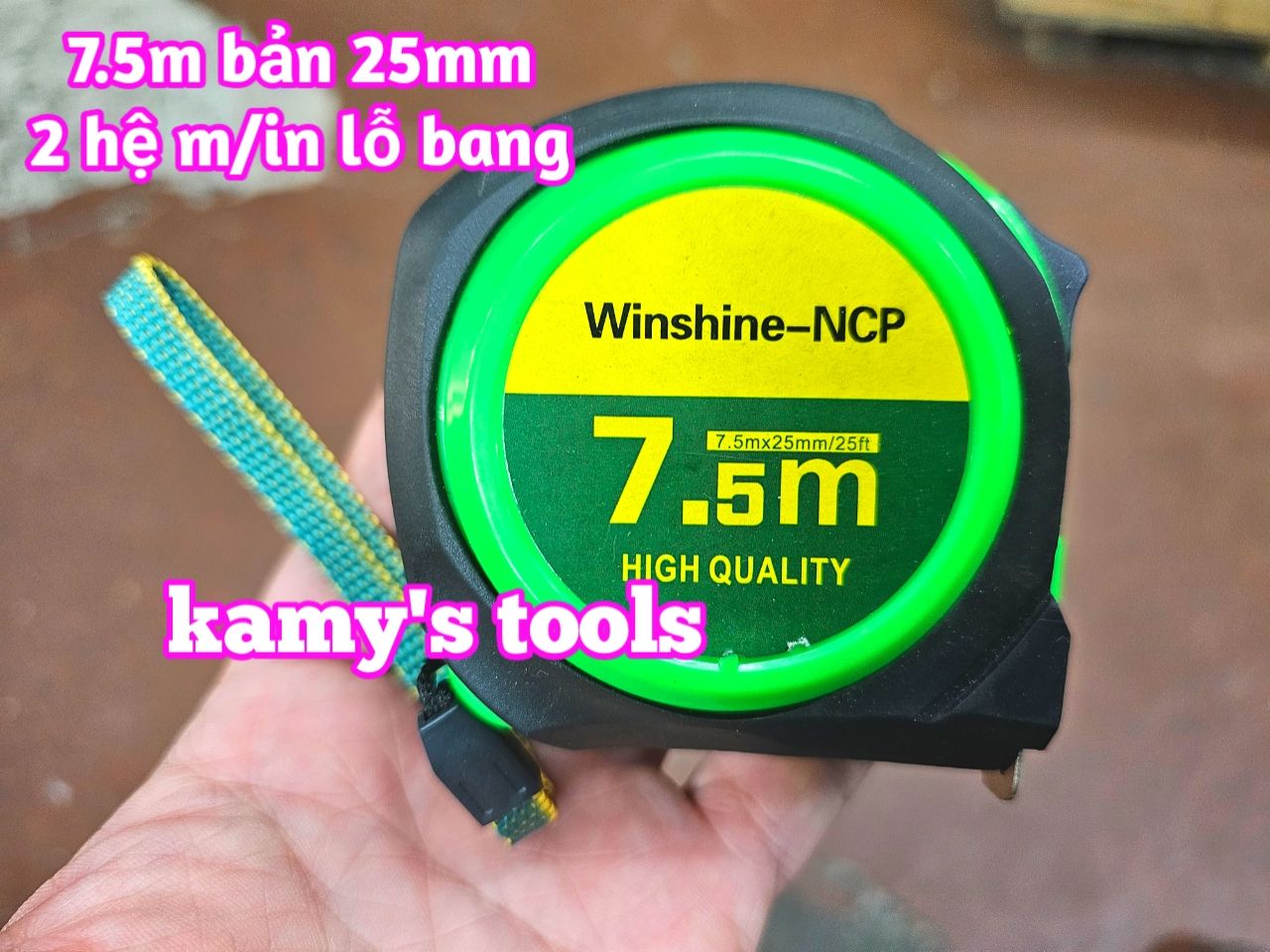 Thước Rút 7.5m Bản 25mm Winshine NCP Xanh Đen 2 hệ mét inch có lỗ bang, Thước cuộn 7.5m, Thước Kéo 7.5m