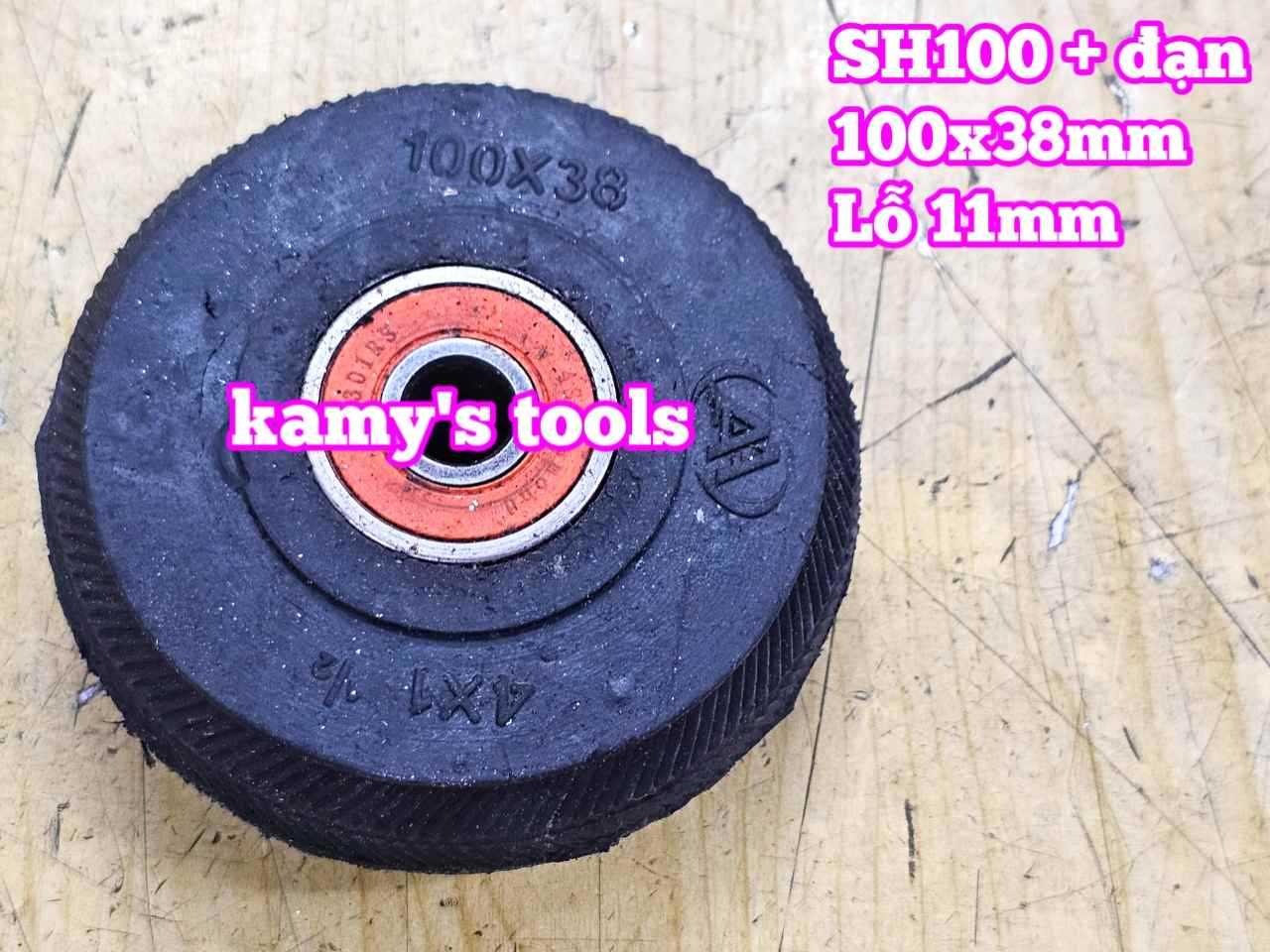 Bánh xe cao su đặc Sanho 100mm kèm bạc đạn 6301RS lỗ 11mm 100x38mm Kamytools