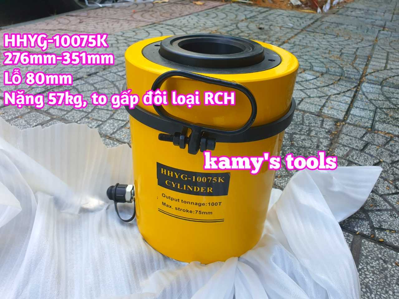 Kích thủy lực có lỗ rỗng tâm TLP 100 tấn HHYG-10075K hành trình 75mm lỗ 80mm 276mm-351mm