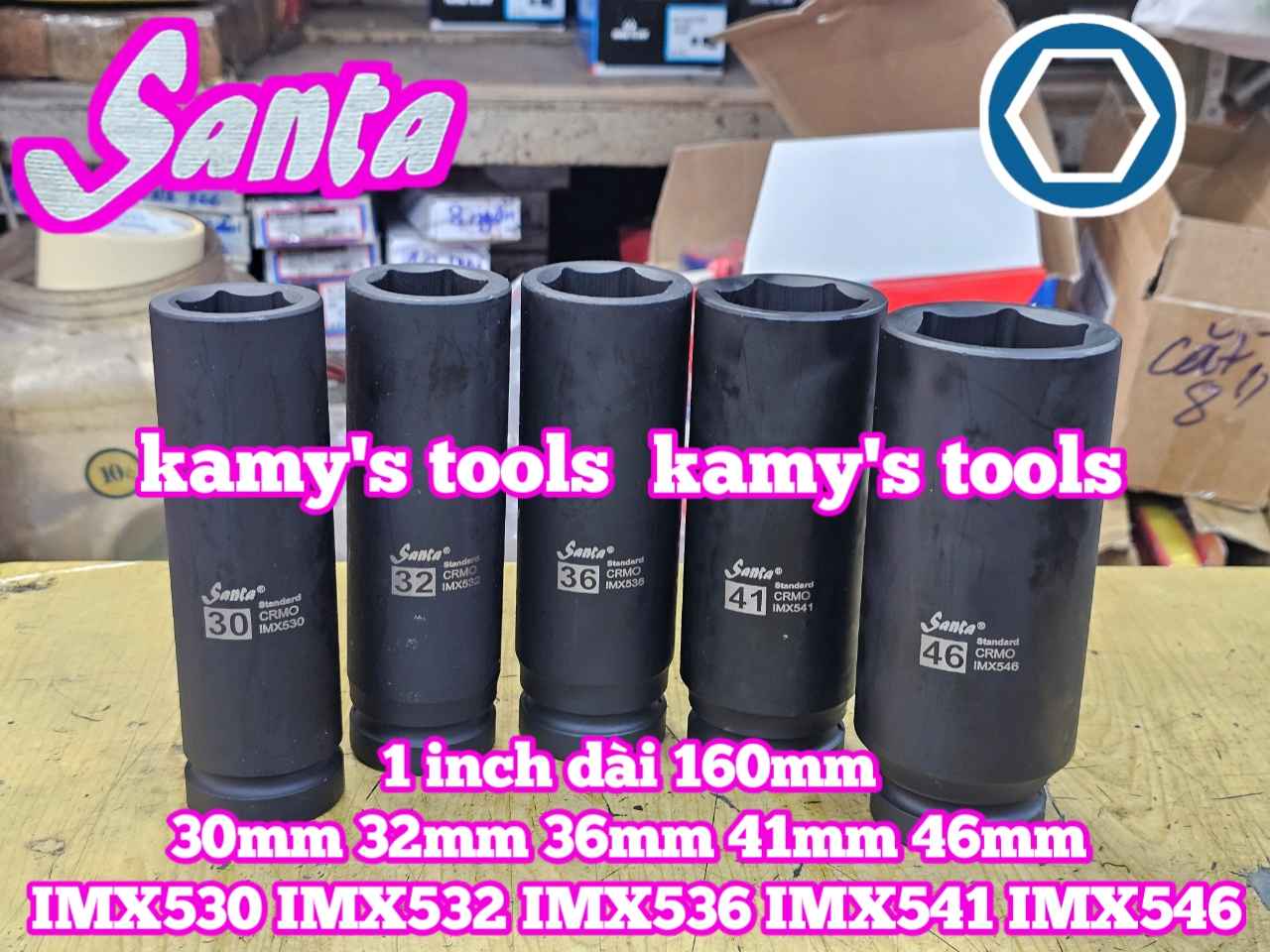 Đầu tuýp 1 inch Santa đen dài 160mm cỡ 30mm 32mm 36mm 41mm 46mm IMX530 IMX532 IMX536 IMX541 IMX546