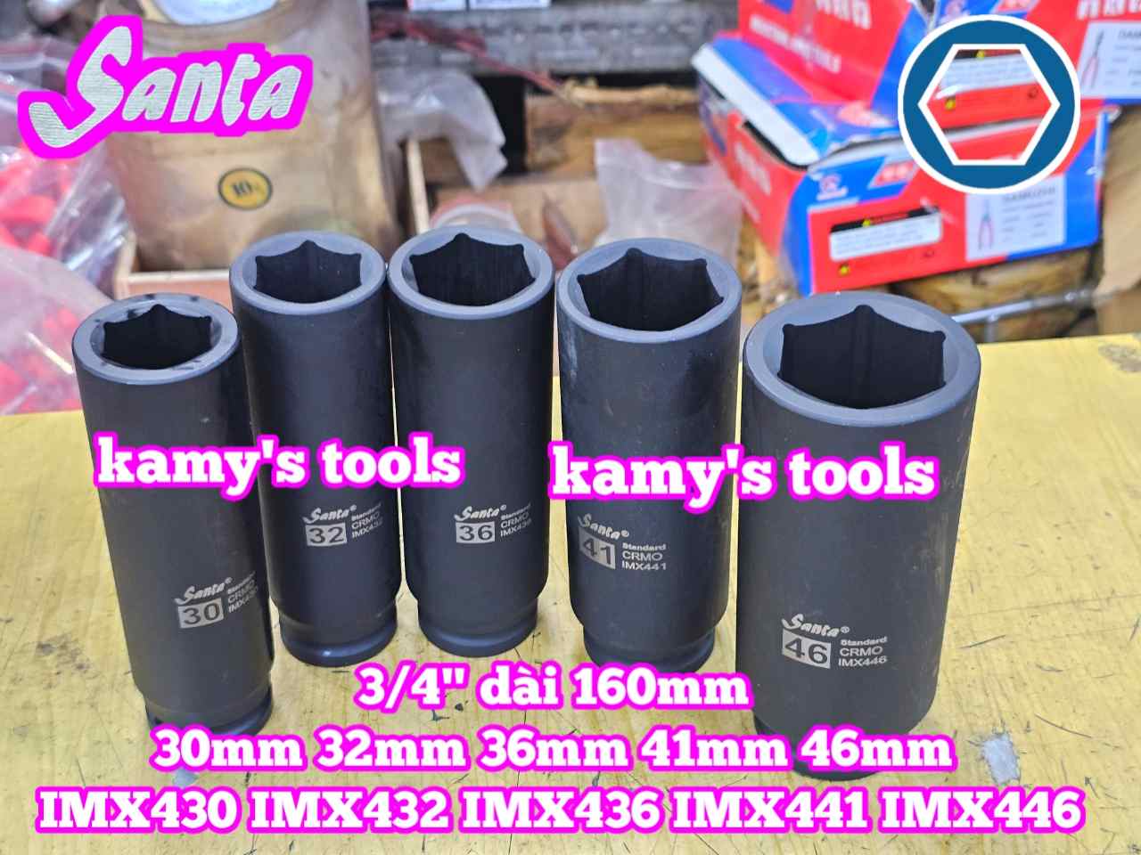 Đầu tuýp 3/4 inch Santa đen dài 160mm cỡ 30mm 32mm 36mm 41mm 46mm IMX430 IMX432 IMX436 IMX441 IMX446