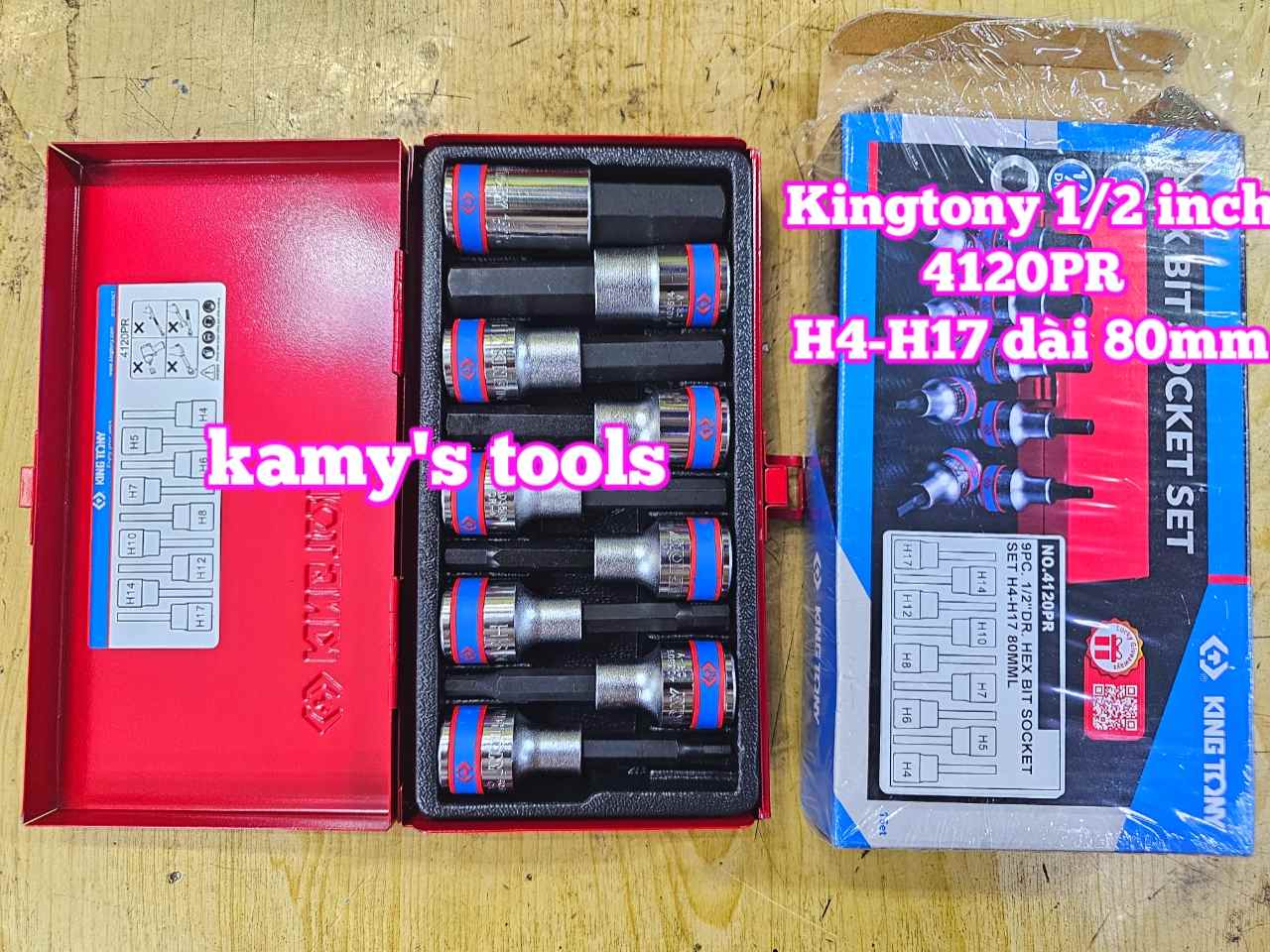 Bộ tuýp lú đầu lục giác 6 cạnh Kingtony 4120PR dài 80mm 9 chi tiết 4mm 5mm 6mm 7mm 8mm 10mm 12mm 14mm 17mm