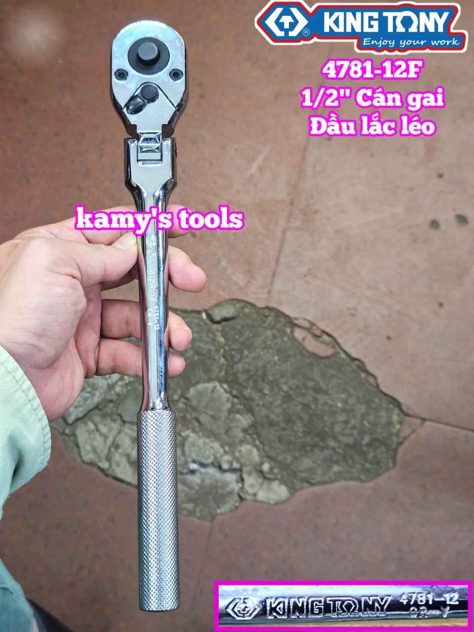 Cần tự động đầu lắc léo cán gai nhám 1/2 inch Kingtony 4781-12F dài 12 inch 300mm