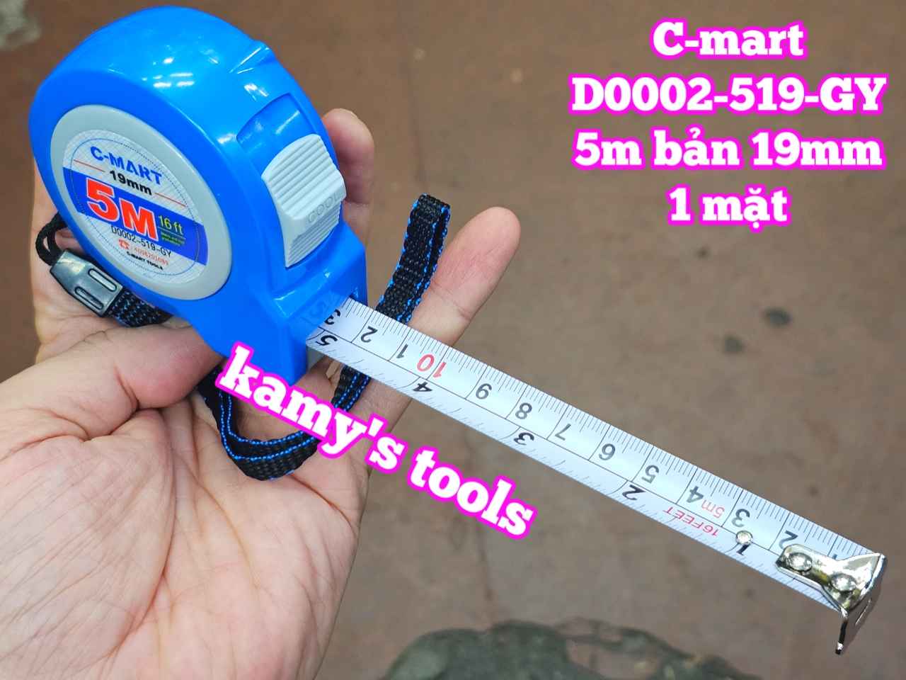 Thước cuộn 5m bản 19mm 1 mặt C-Mart model D0002-519-GY, thước kéo 5m mét, thước rút 5 mét