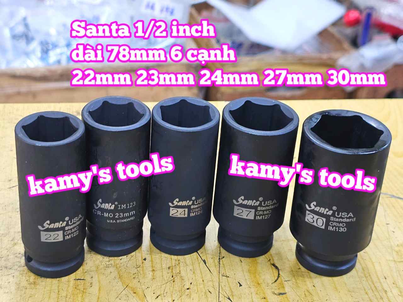 Đầu tuýp khẩu 1/2 inch đen dài lục giác 6 cạnh 78mm Santa 22mm 23mm 24mm 27mm 30mm IM122 IM123 IM124 IM127 IM130
