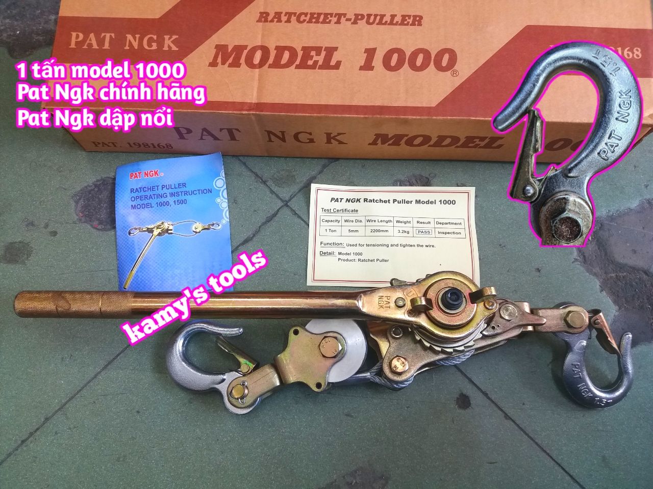 Kích căng cáp 1 tấn Pat Ngk NO1000 cáp 5mm dài 2200mm móc dập nổi chính hãng Haru