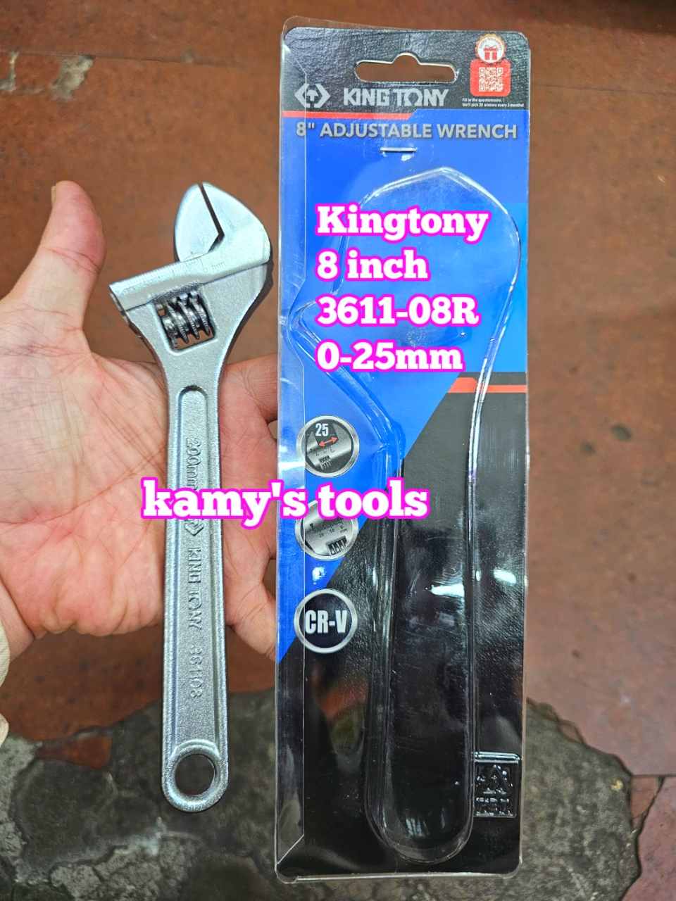 Mỏ lết miệng trắng chrome Kingtony 8 inch 200mm 3611-08r ngàm mở 0-25mm