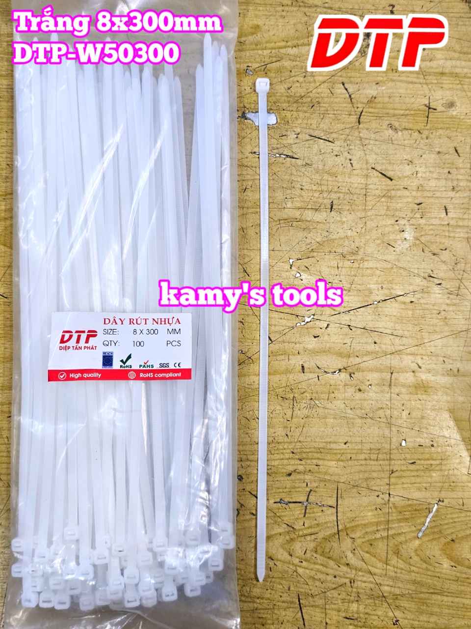 Dây rút dây thít nhựa màu đen trắng 8x300mm DTP-B50300 DTP-W50300 (1 bịch/100 sợi)