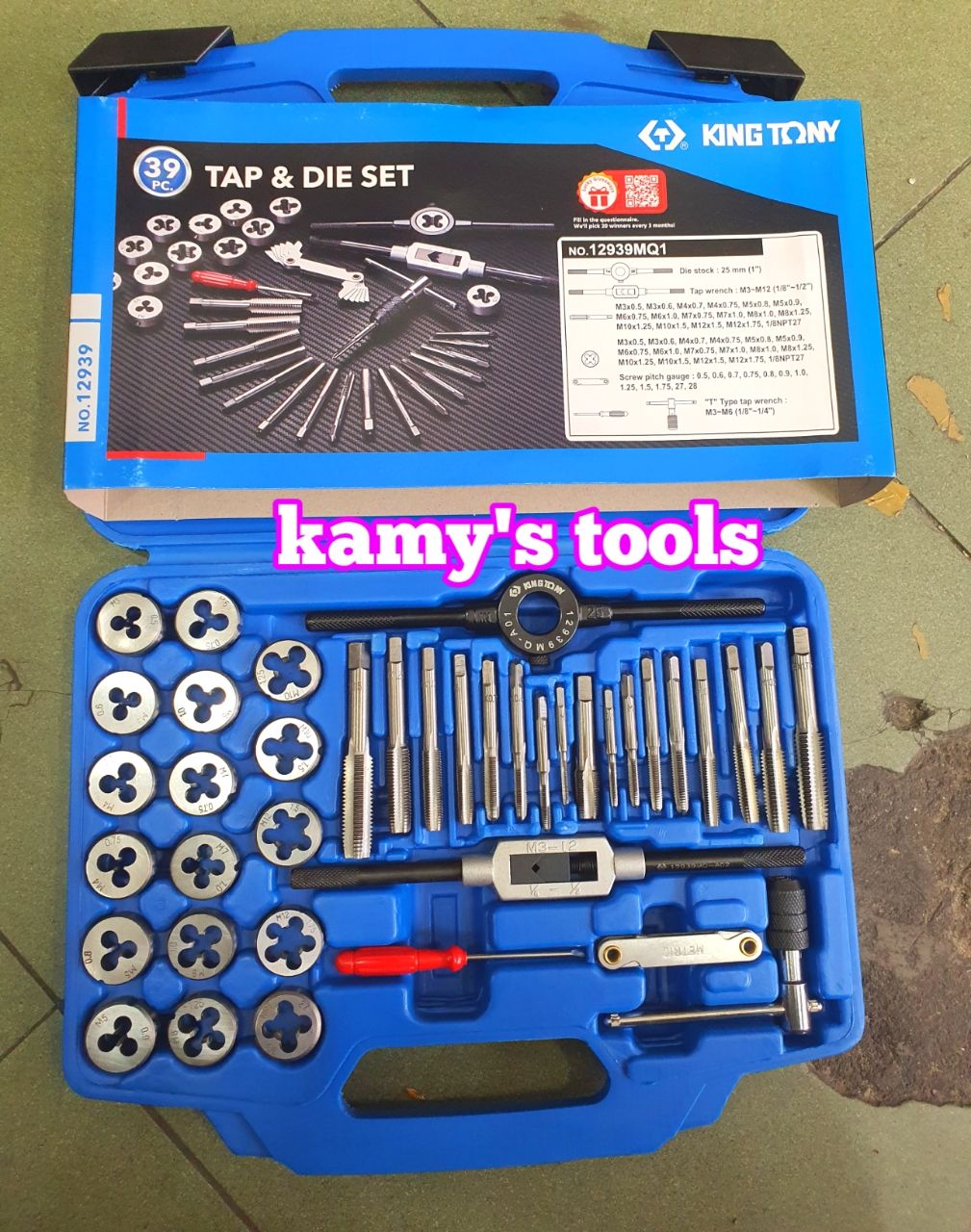 bộ taro bàn ren hệ mét 39 chi tiết kingtony model 12939MQ1 ren trong ren ngoài, bộ ta rô