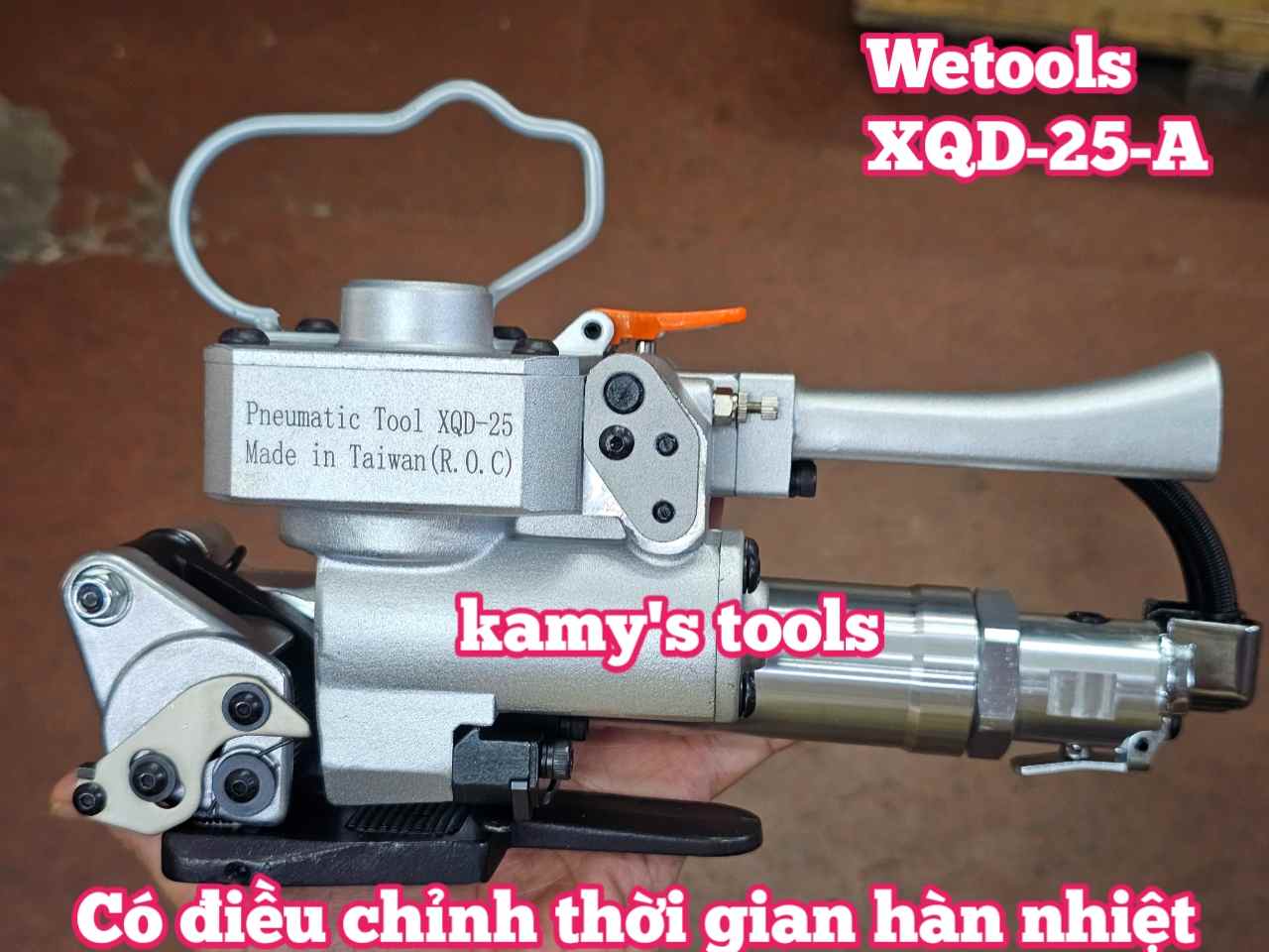 Máy đóng đai siết đai nhựa dùng hơi khí nén PP PET 16-25mm Wetools XQD-25-A có bộ chỉnh thời gian hàn nhiệt cao cấp