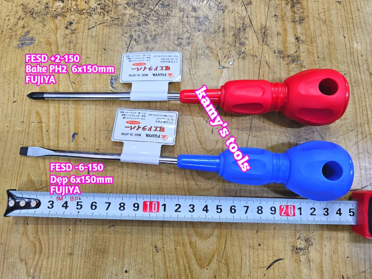 Tua vít cách điện Fujiya FESD 6mm bake PH2 và dẹp dài 150mm FESD+2-150 và FESD-6-150 sản xuất tại Nhật Bản