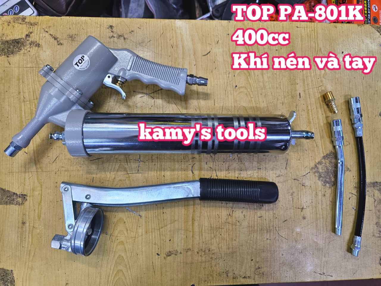 Bơm mỡ hơi khí nén và cầm tay 2 chức năng 400cc TOP PA-801K có nút xả gió