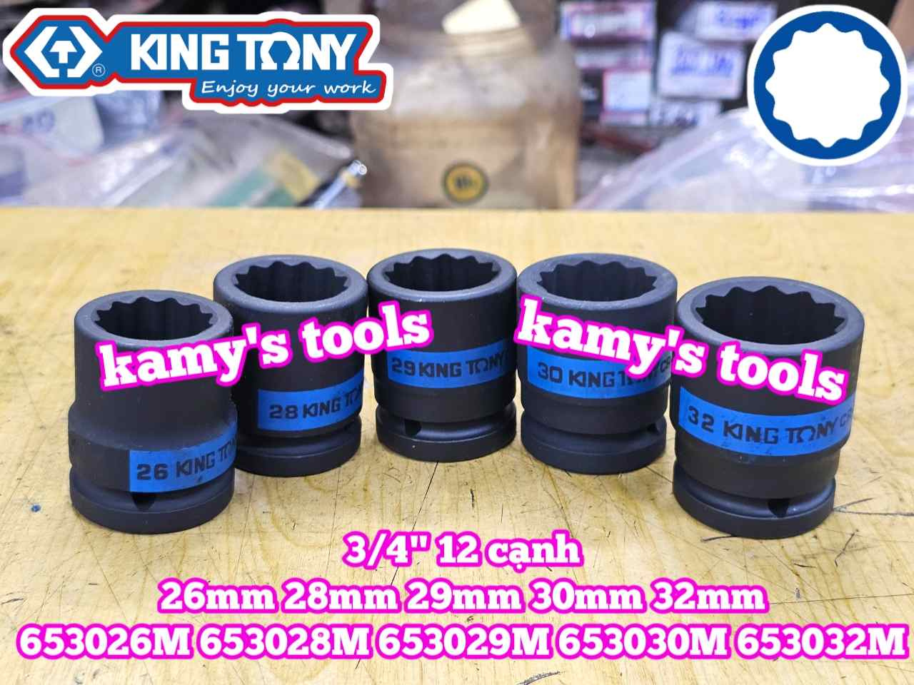 Tuýp 3/4 inch bông 12 cạnh đen Kingtony 26mm 28mm 29mm 30mm 32mm 653026M 653028M 653029M 653030M 653032M