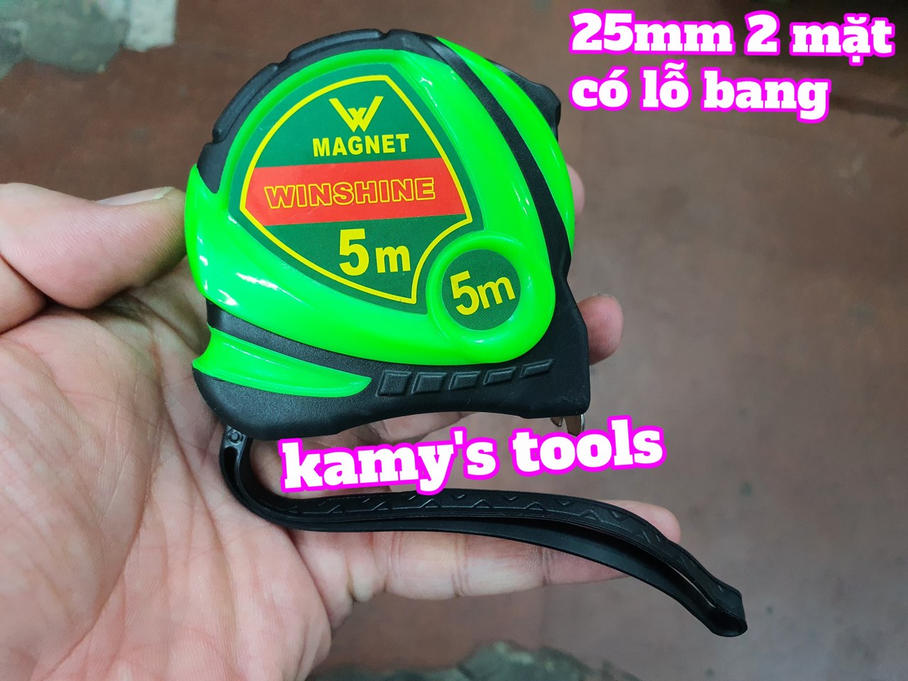 Thước cuộn 5m bản 25mm winshine vỏ bọc cao su 2 mặt có lỗ bang, thước kéo 5m, thước rút 5m