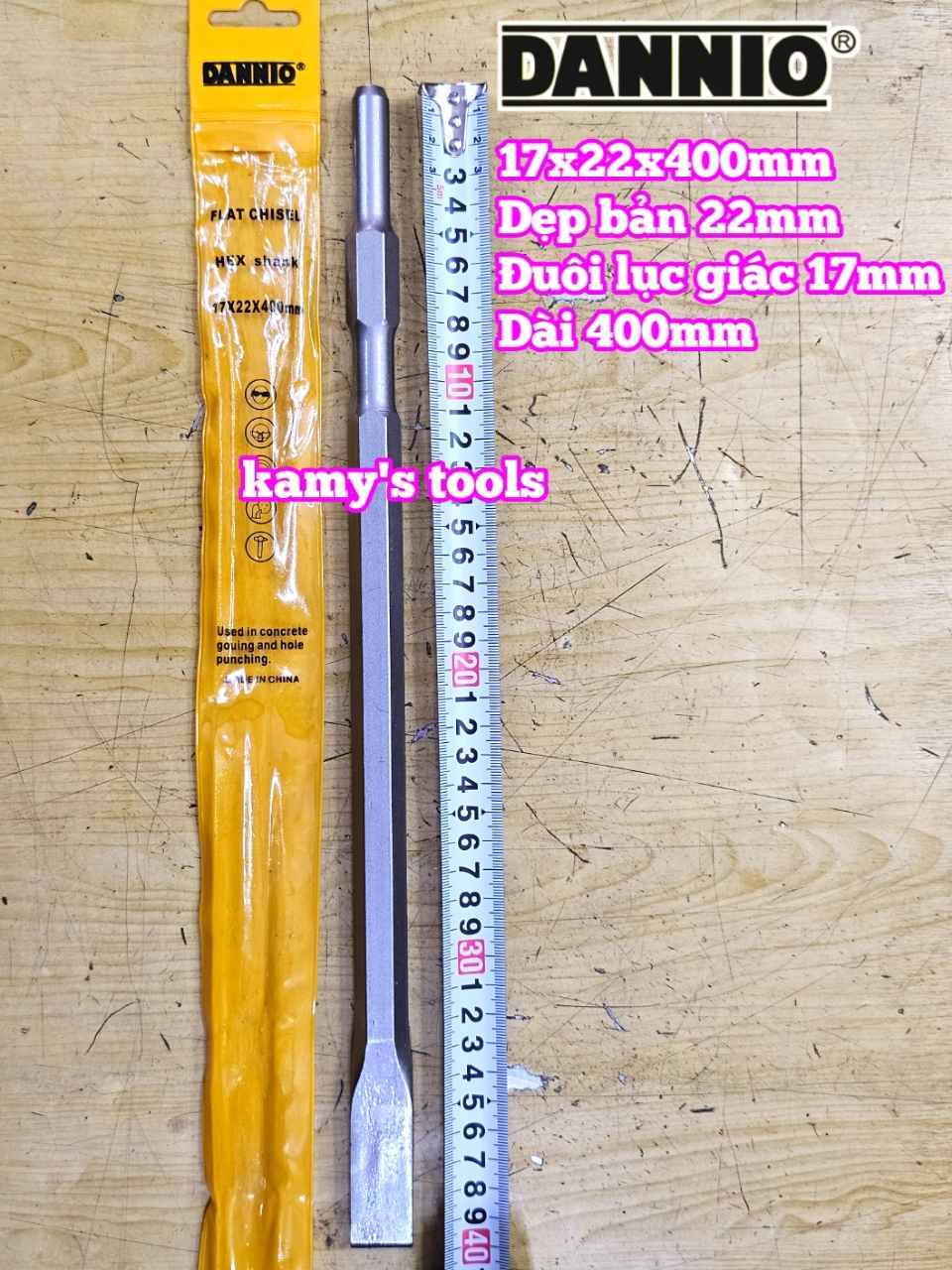 Mũi đục bê tông Dẹp bản 22mm đuôi lục giác 17mm dài 400mm 17x22x400mm Dannio DNO-61740B