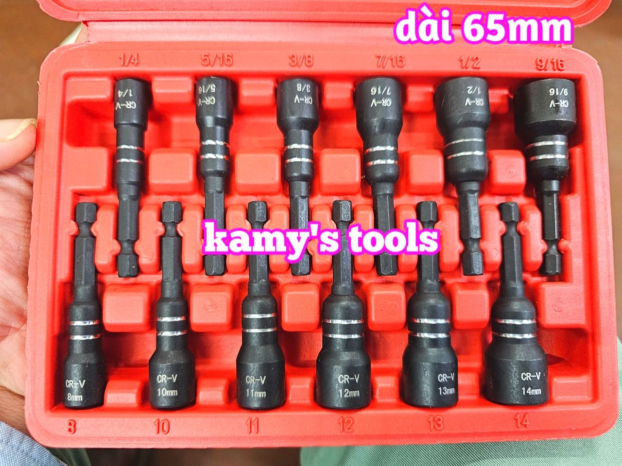 Bộ đầu vít bắn tôn đầu bắn bulong nam châm hệ mét inch 8mm 10mm 11mm 12mm 13m 14mm và 1/4 5/16 3/8 7/16 1/2 9/16 dài 65mm