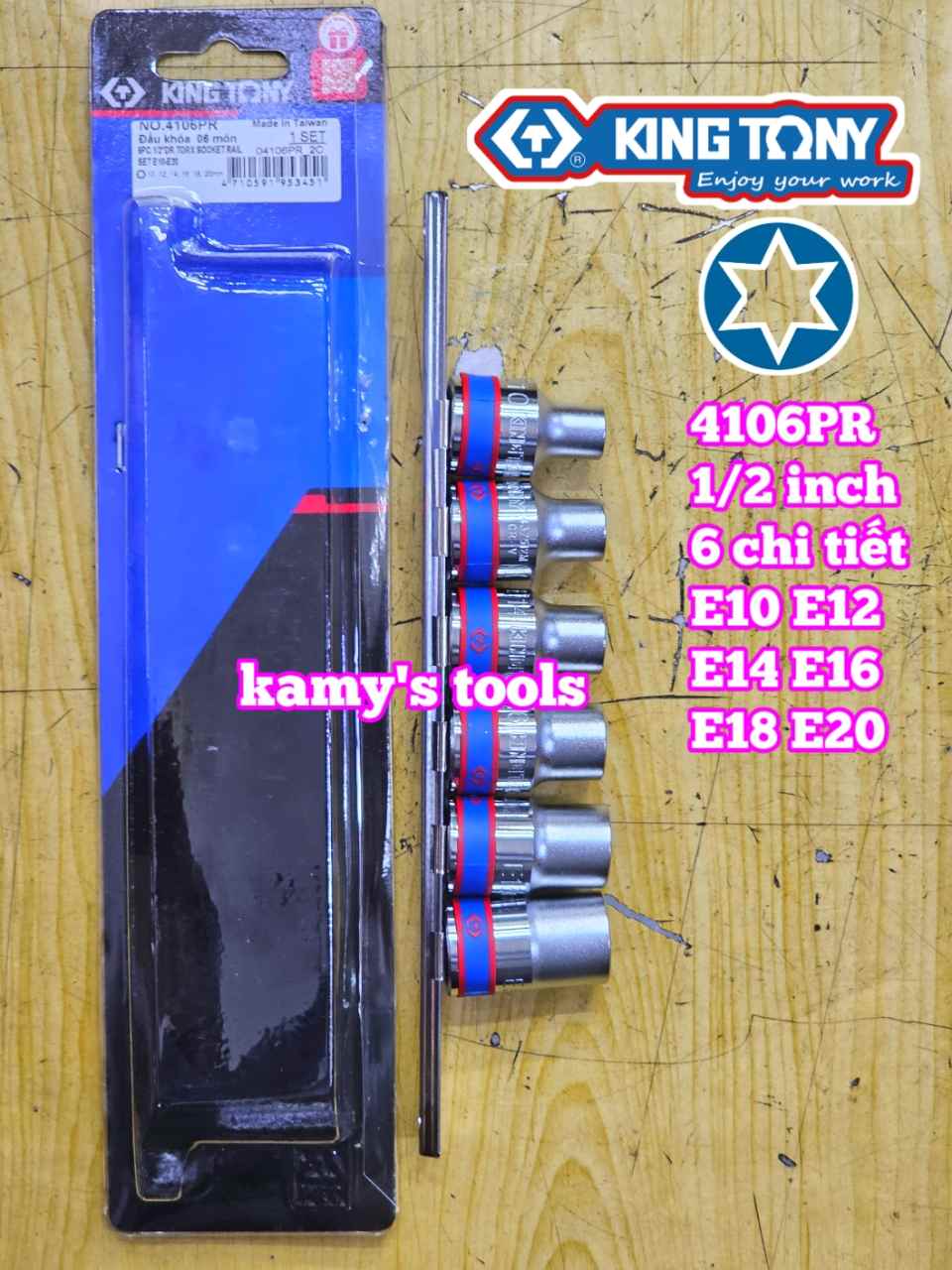 Bộ tuýp E 1/2 inch Kingtony 4106PR 6 chi tiết E10 E12 E14 E16 E18 E20