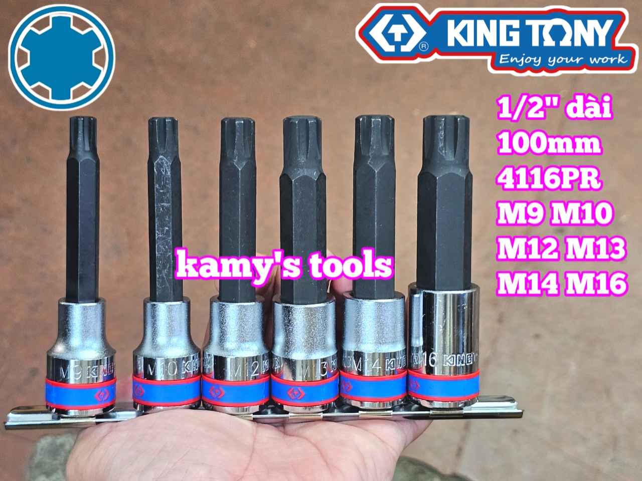 Bộ đầu tuýp lú đầu sao M lớn vuông 1/2 inch dài 100mm Kingtony 4116PR 6 chi tiết M9 M10 M12 M13 M14 M16