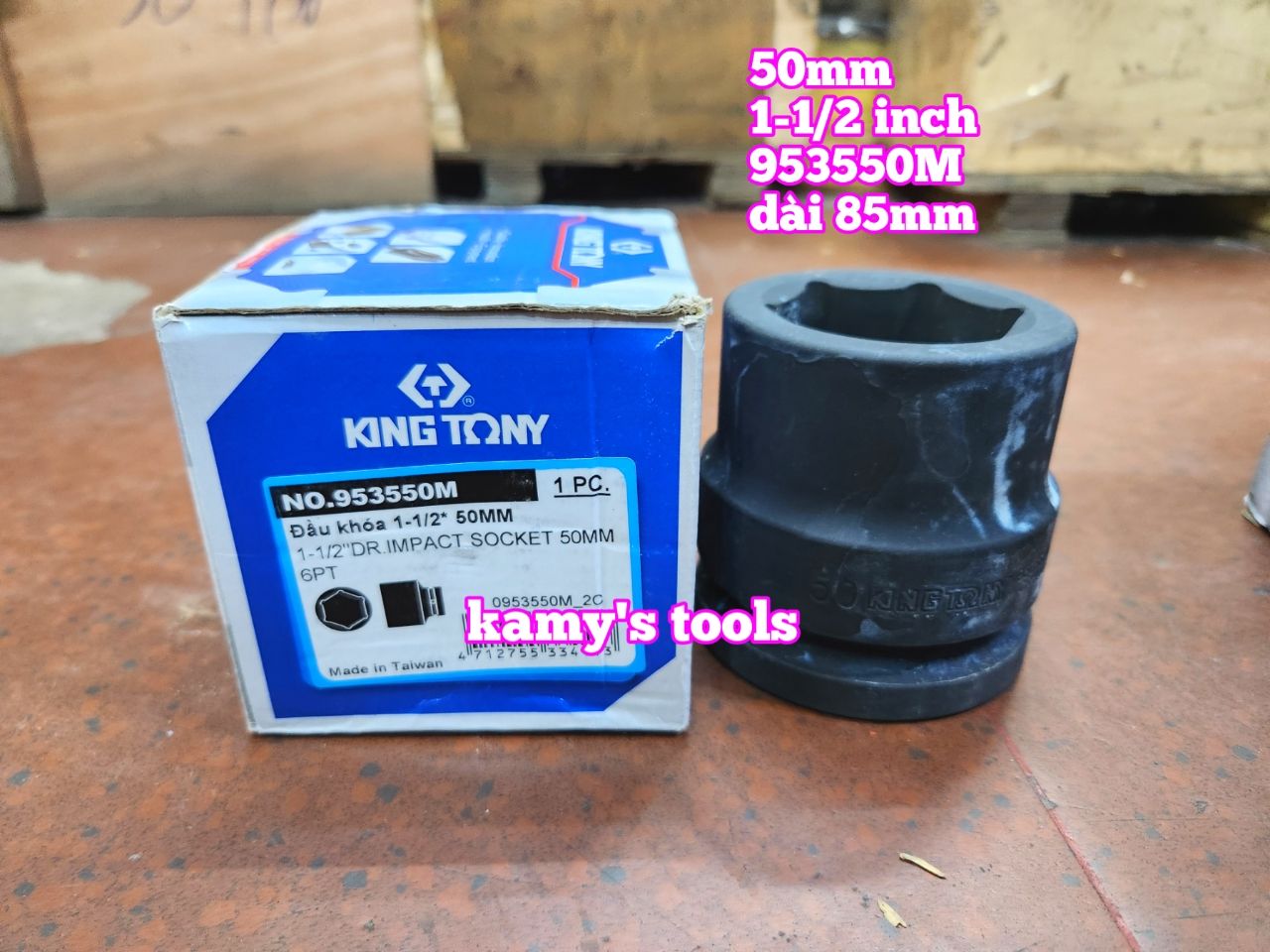 Đầu tuýp khẩu 50mm lỗ 1-1/2 inch 38mm đen dài 85mm Kingtony 953550M lục giác 6 cạnh