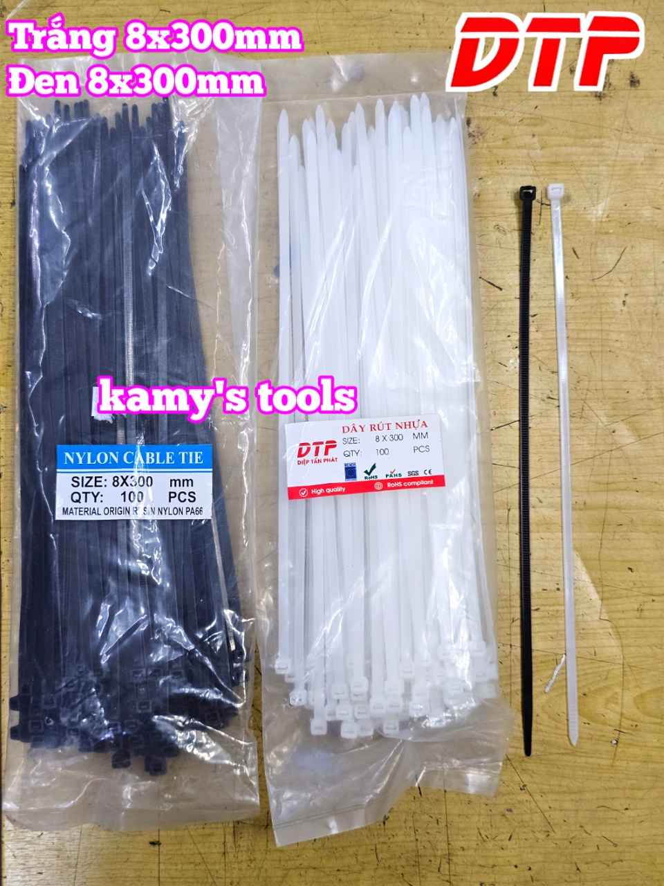 Dây rút dây thít nhựa màu đen trắng 8x300mm DTP-B50300 DTP-W50300 (1 bịch/100 sợi)