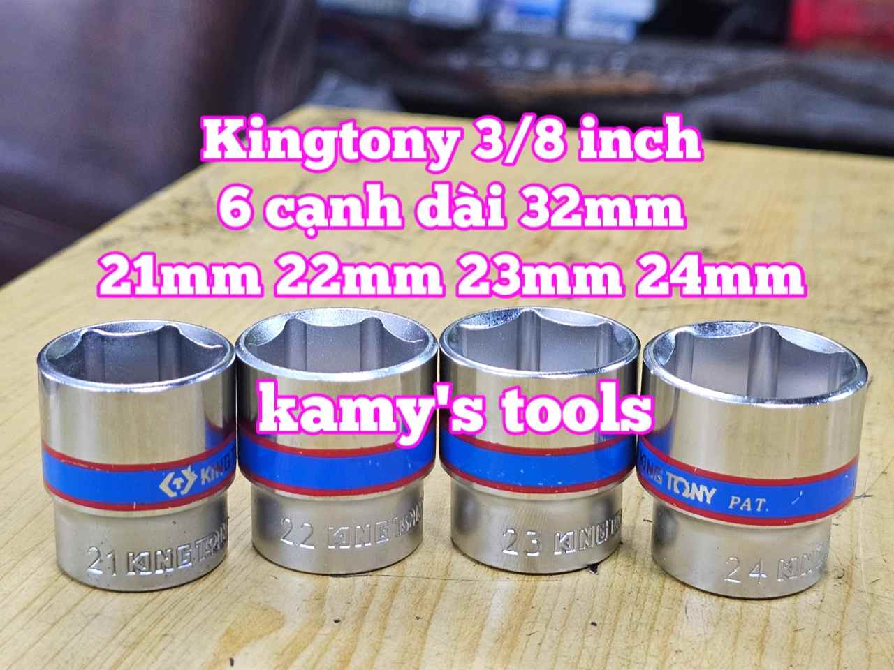 Đầu tuýp trắng 6 cạnh 3/8 inch dài 27mm Kingtony 21mm 22mm 23mm 24mm 333521M 333522M 333524M 333524M