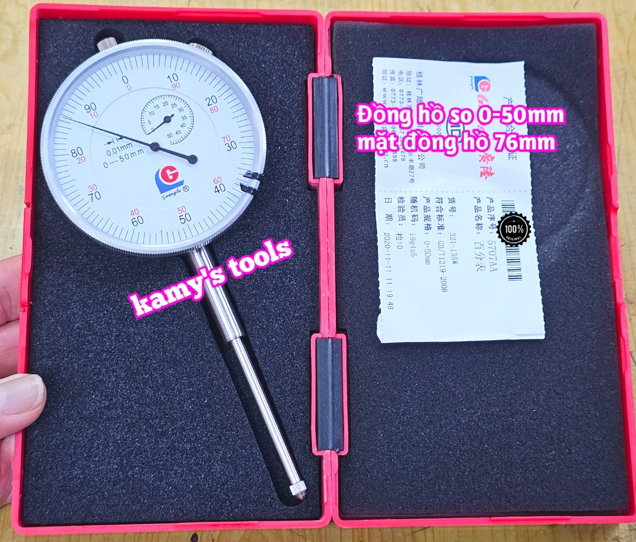 Đồng hồ so 0-50mm sai số 0.01mm mặt 76mm Guanglu 321-135W