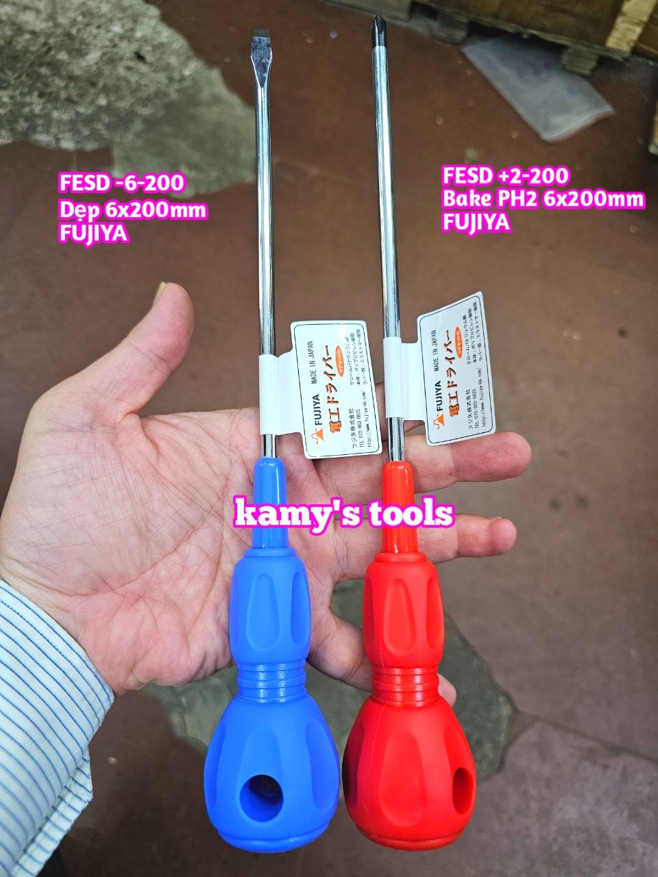 Tua vít cách điện Fujiya FESD 6mm bake PH2 và dẹp dài 200mm FESD+2-200 và FESD-6-200 sản xuất tại Nhật Bản