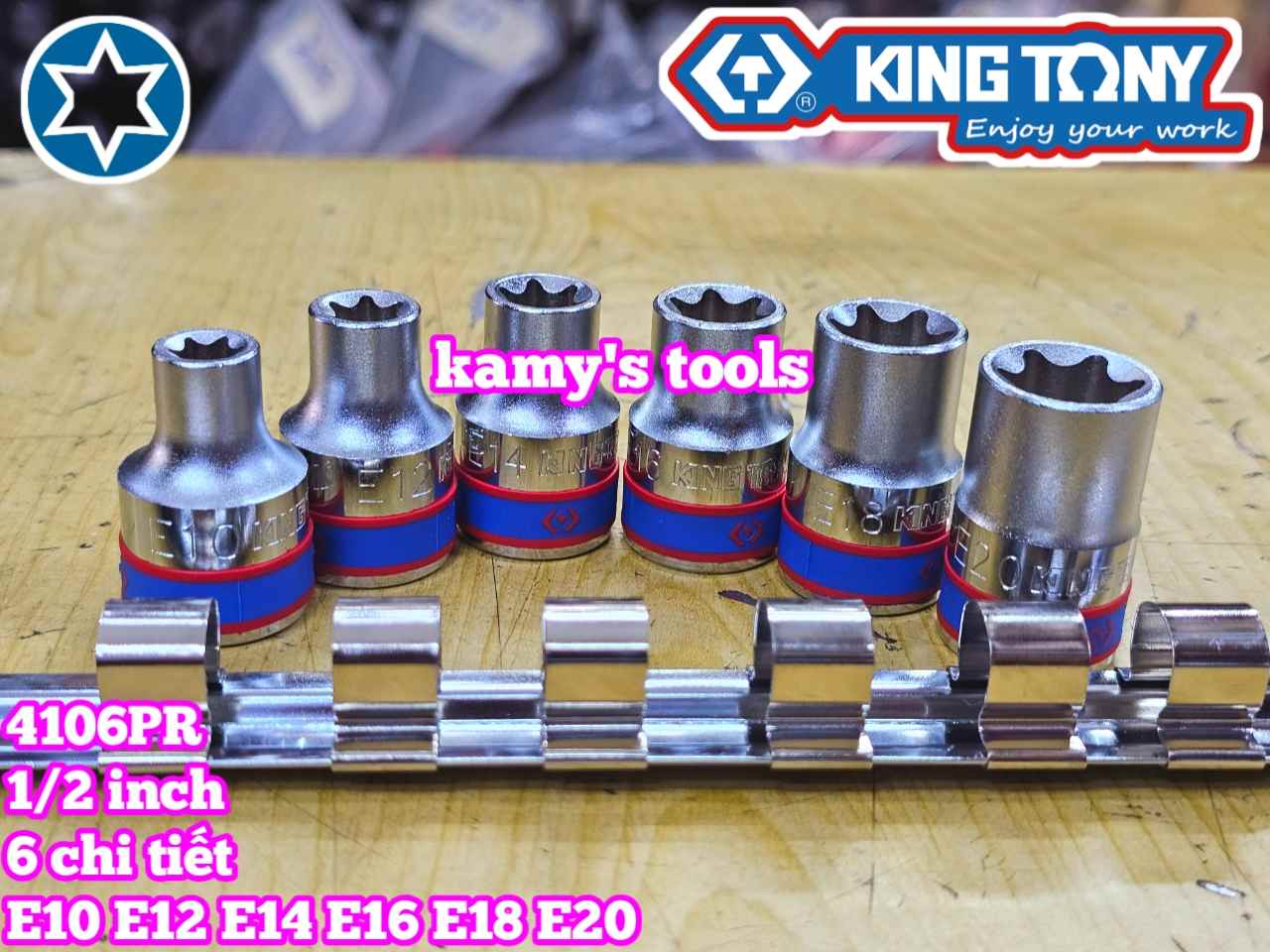 Bộ tuýp E 1/2 inch Kingtony 4106PR 6 chi tiết E10 E12 E14 E16 E18 E20