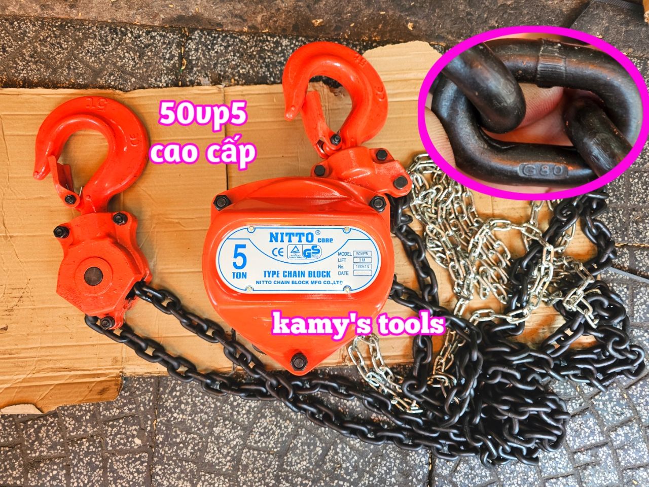 Pa lăng xích kéo tay Nitto 5 tấn 3m (3 mét) 5m (5 mét) model 50vp5 loại CB-II xích đóng logo G80 chính hãng cao cấp