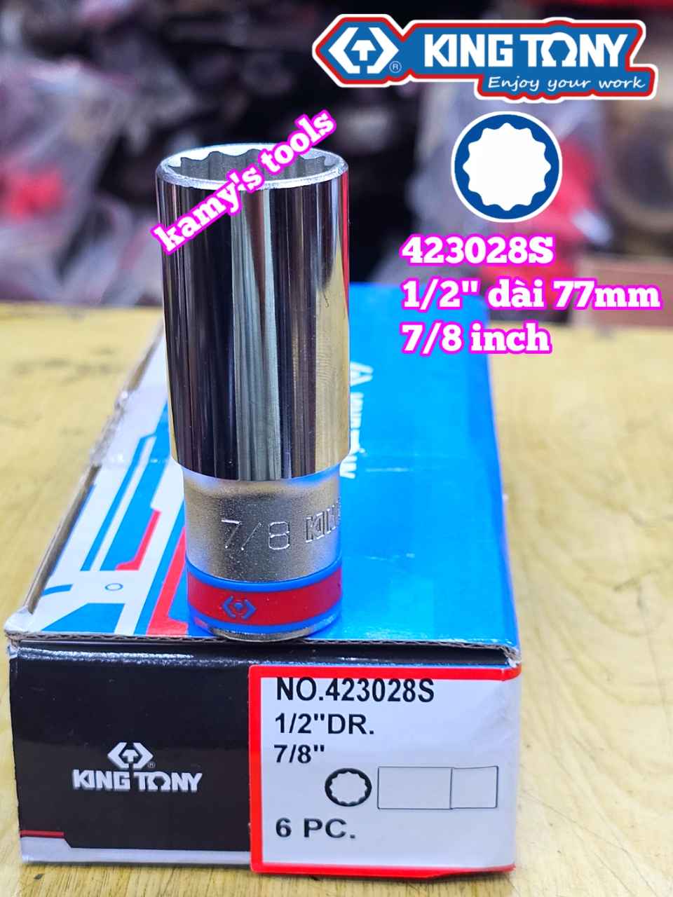 Đầu tuýp hệ inch trắng dài Kingtony 1/2 inch cỡ 7/8 inch 423028S dài 77mm