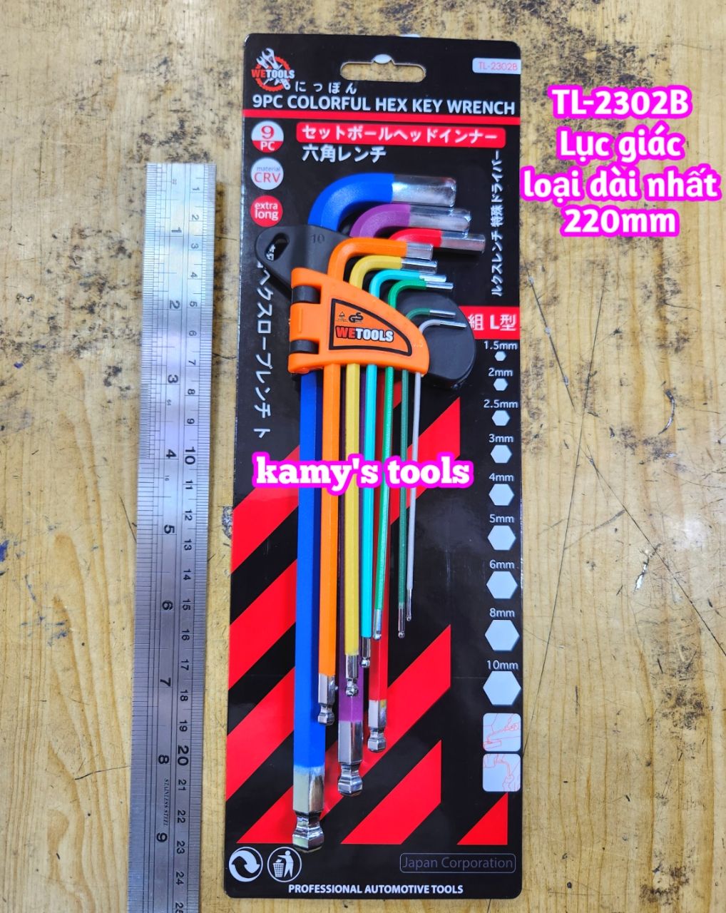 Bộ lục giác bi MÀU thép S2 Wetools 9 chi tiết 1.5-10mm TL-2302B loại dài nhất 220mm