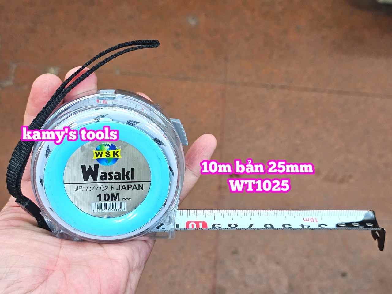 Thước kéo 10m 10 mét bản 25mm WSK Wasaki WT1025 2 mặt có lỗ ban TỰ ĐỘNG KHÓA, thước rút 10m thước cuộn 10m