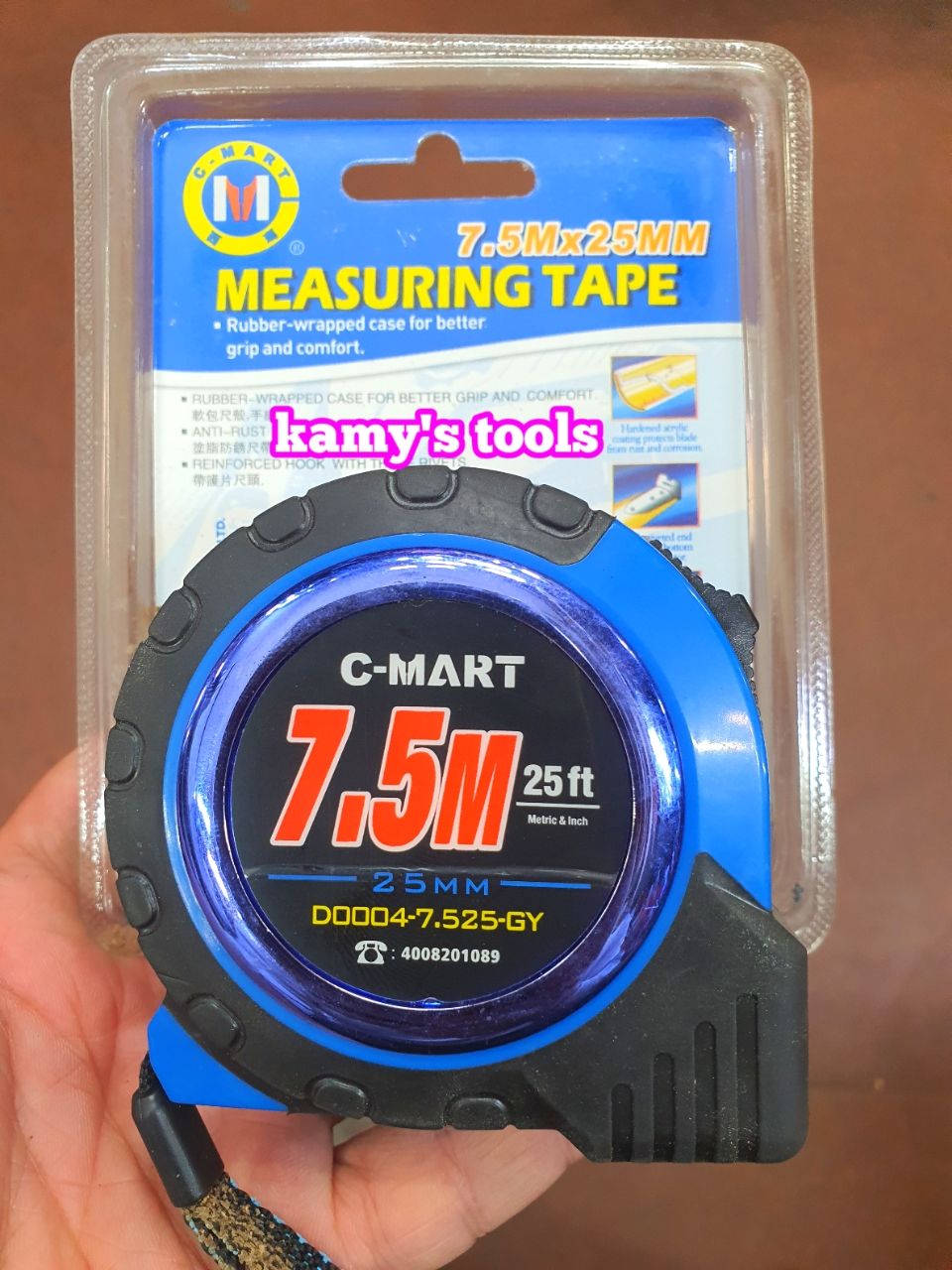 Thước cuộn 7.5m bản 25mm C-Mart model D0004-7.525-GY bọc nhựa chống va đập, thước kéo 7.5 mét