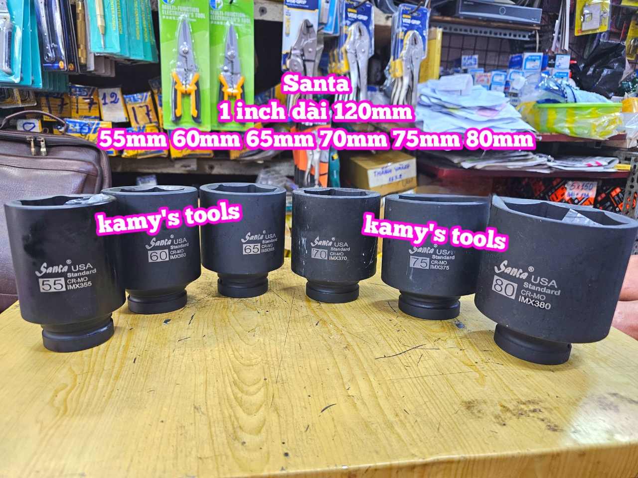 Đầu tuýp 1 inch đen dài 120mm lục giác Santa thép Cr-mo 55mm 60mm 65mm 70mm 75mm 80mm IMX360 IMX365 IMX370 IMX375 IMX380