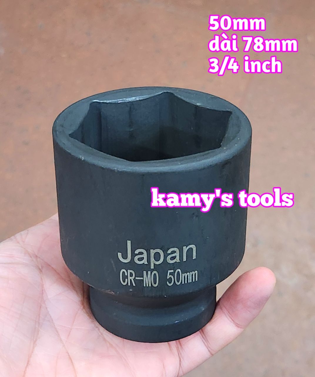 Đầu tuýp khẩu 50mm lỗ 3/4 inch đen dài 78mm Kamytools thép Cr-mo