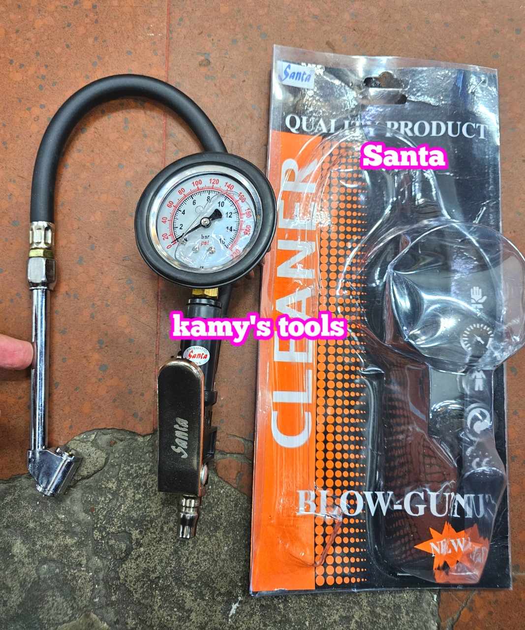 Tay bơm lốp có đồng hồ đo áp suất xe ô tô dạng thẳng Santa TBOM-T, vòi bơm lốp đầu xe máy ô tô xe tải