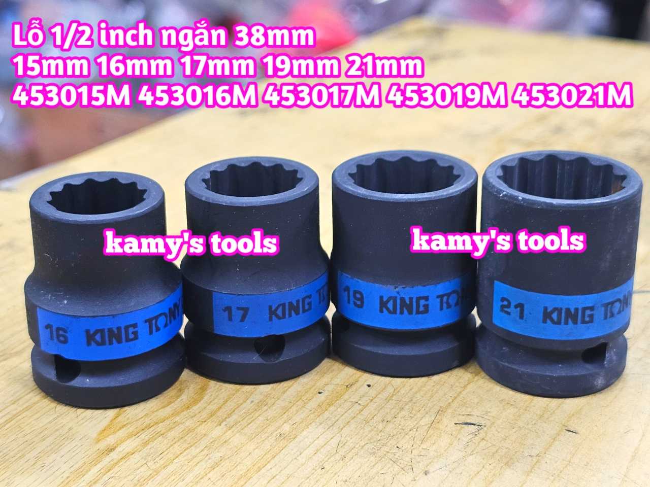 Đầu tuýp 1/2 inch bông 12 cạnh đen ngắn 38mm Kingtony 15mm 16mm 17mm 19mm 21mm 453015M 453016M 453017M 453019M 453021M