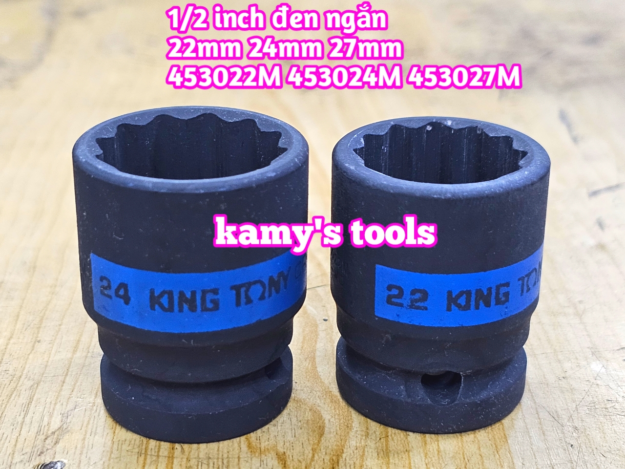 Đầu tuýp 1/2 inch bông 12 cạnh đen ngắn Kingtony 22mm 24mm 27mm 453022M 453024M 453027M