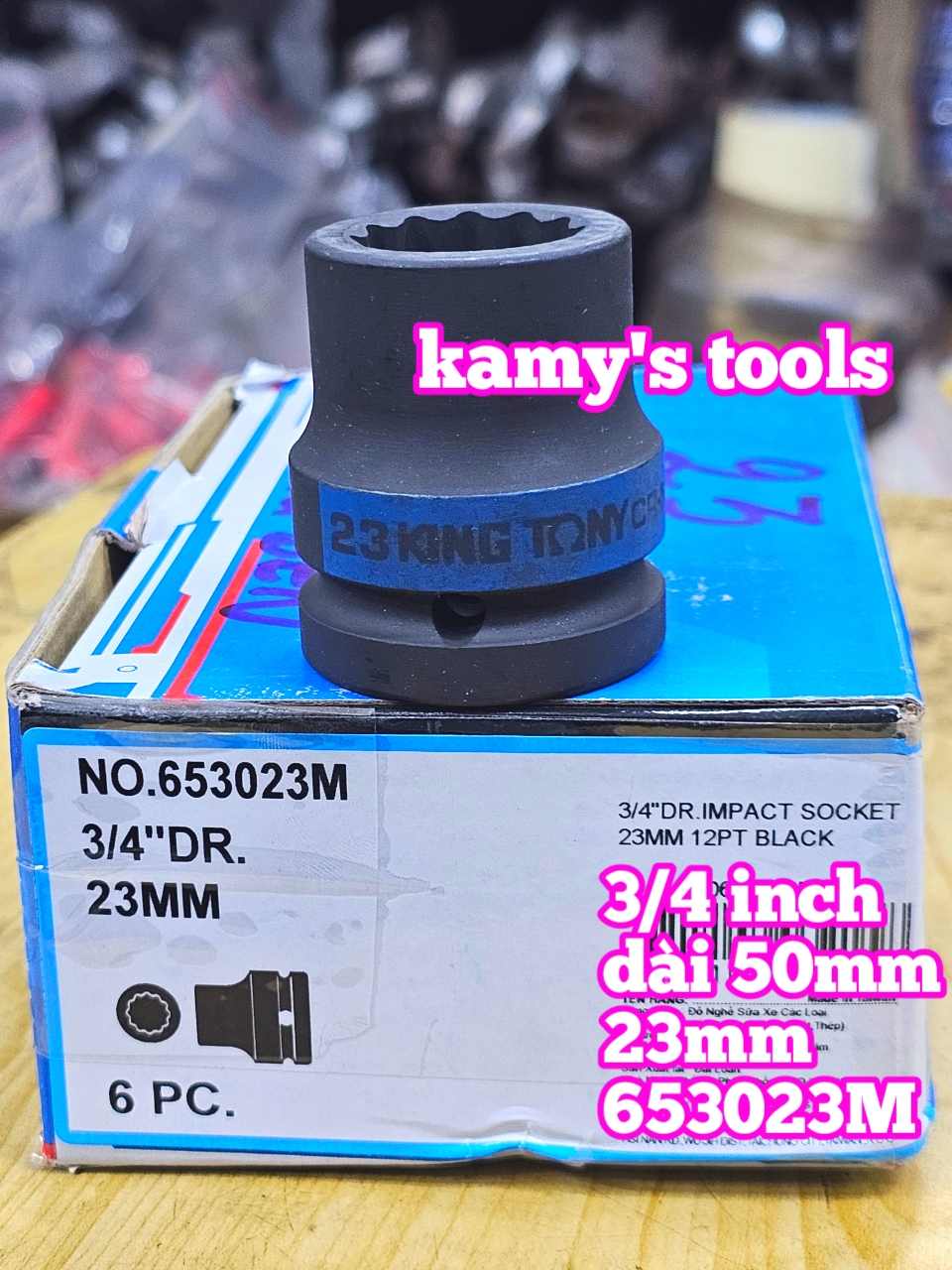 Đầu tuýp 3/4 inch bông 12 cạnh đen ngắn 50mm Kingtony 23mm 24mm 653023M 653024M