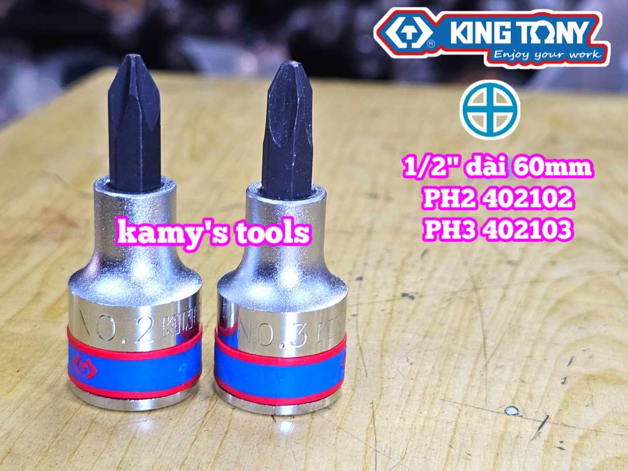Đầu tuýp 1/2 inch lú đầu mũi vit bake 4 cạnh Kingtony PH2 402102 và PH3 402103