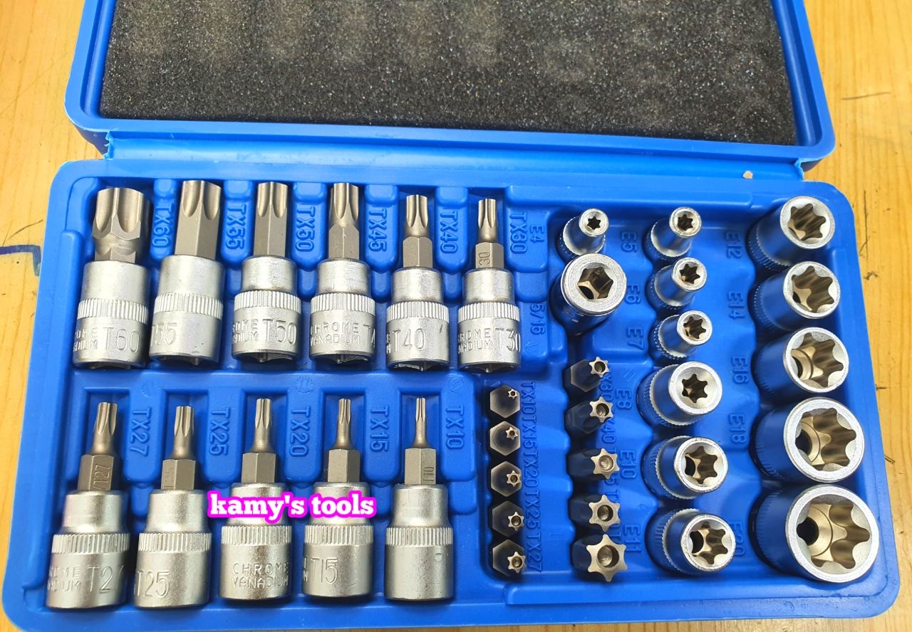 Bộ tuýp khẩu E và tuýp vít sao hoa thị T có lỗ 1/4 inch 3/8 inch 34 chi tiết cao cấp Tifone