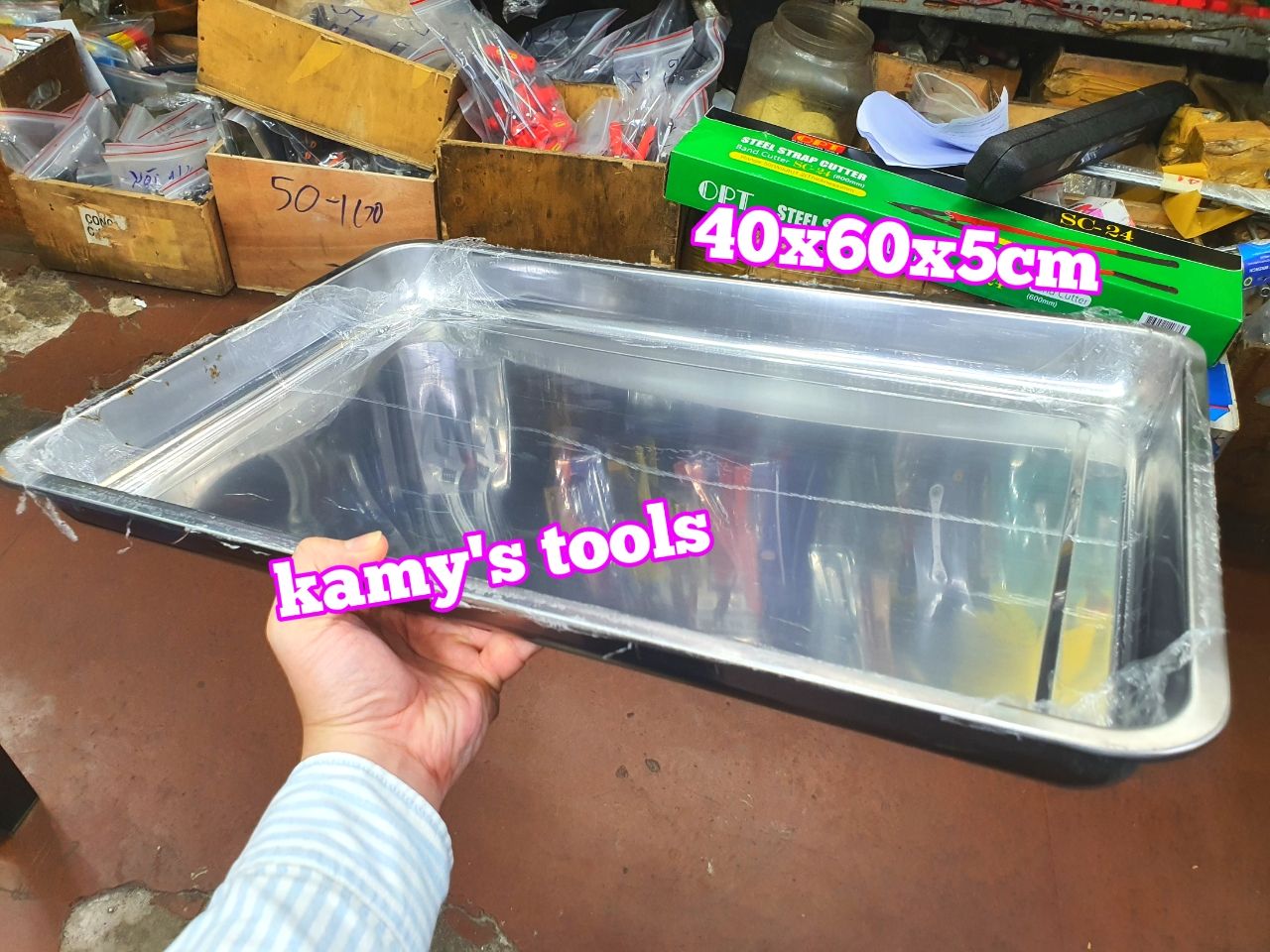 Khay inox hình chữ Nhật inox 304 đựng dụng cụ đồ nghề, thực phẩm thức ăn 600x400x50mm