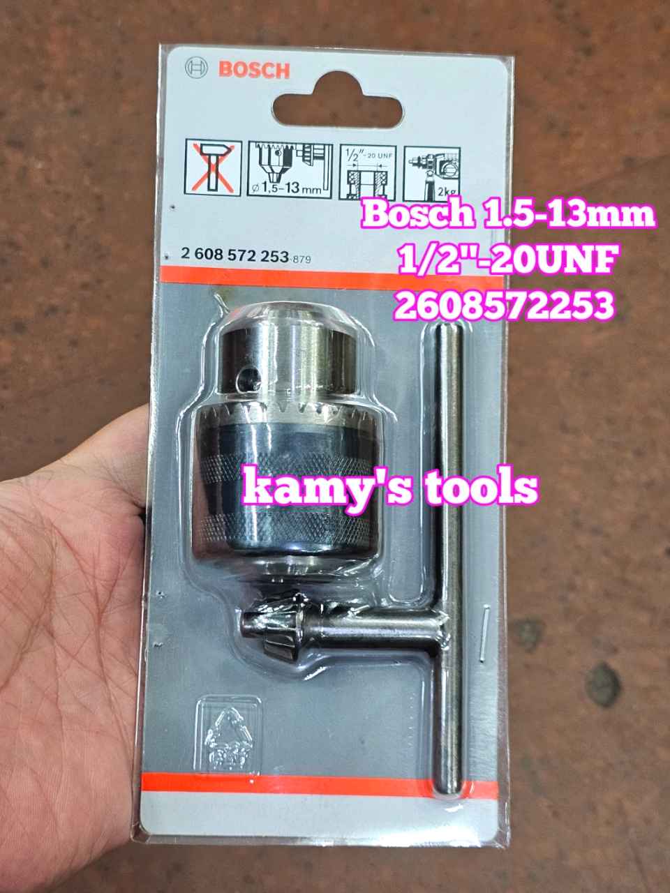 Đầu khoan có khóa Bosch 2608572253 kẹp 1.5-13mm ren 1/2-20UNF chính hãng