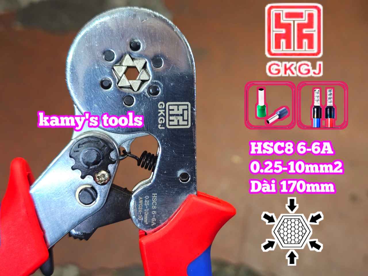 Kìm bấm cos pin tròn rỗng lục giác 0.25-10mm2 dài 170mm GKGJ HSC8 6-6A