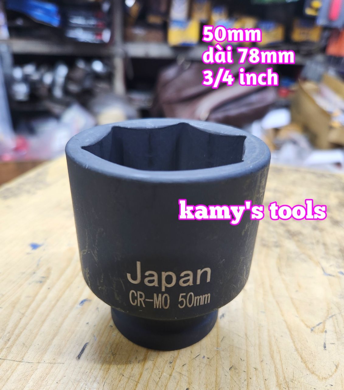 Đầu tuýp khẩu 50mm lỗ 3/4 inch đen dài 78mm Kamytools thép Cr-mo