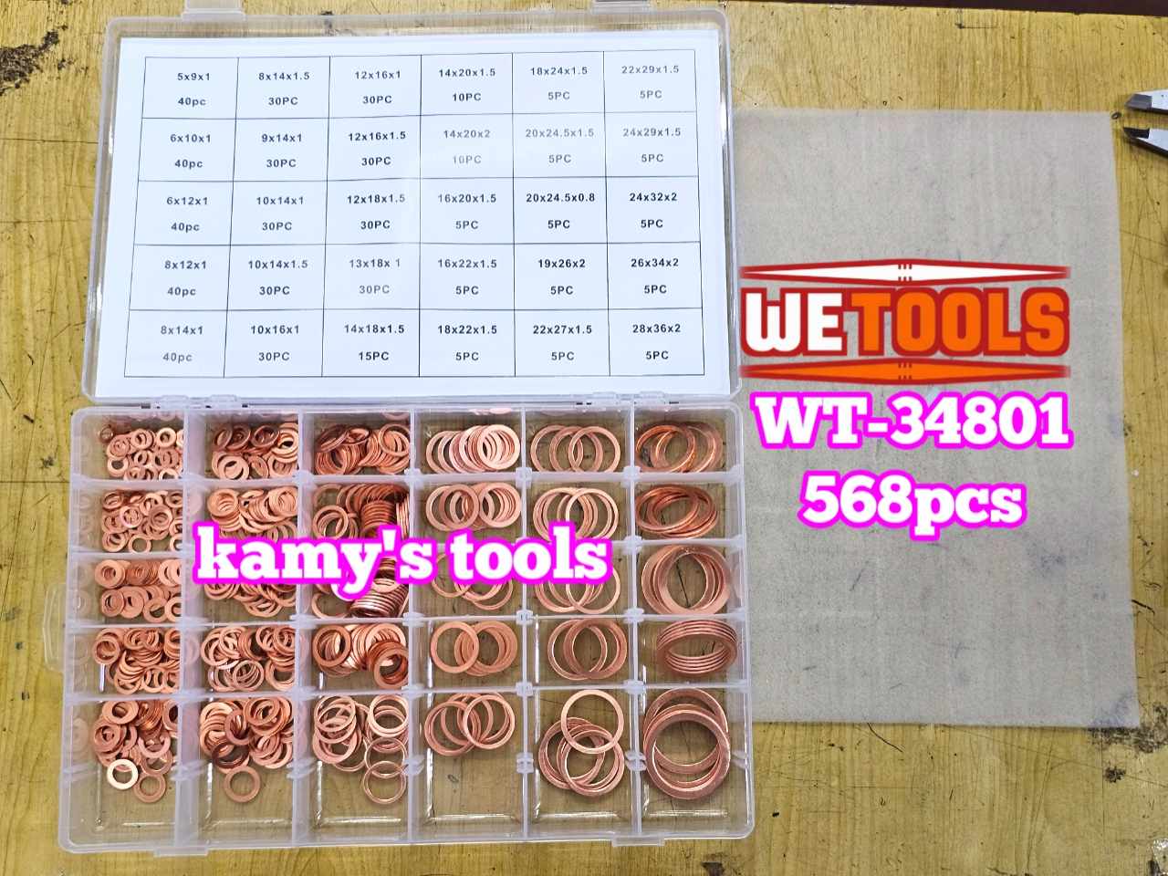 Hộp ron oring đồng gioăng đồng long đền thau 568 chi tiết 30 kích cỡ Wetools WT-34801 Impa code 813080