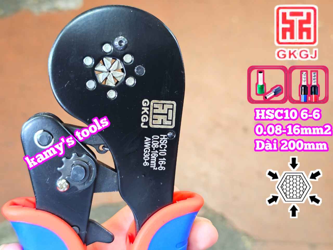 Kìm bấm cos pin tròn rỗng lục giác 0.08-16mm2 dài 200mm GKGJ HSC10 16-6